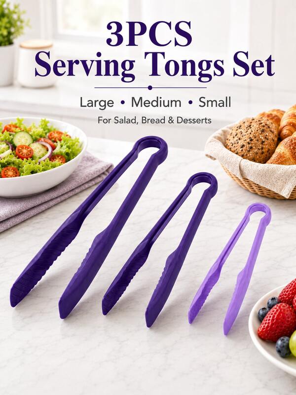 Juego de 3 pinzas de cocina multiusos de plástico morado, ligeras y fáciles de usar para ensaladas, pasteles, pan, tartas, aperitivos, mesas de postres, comidas familiares y fiestas.