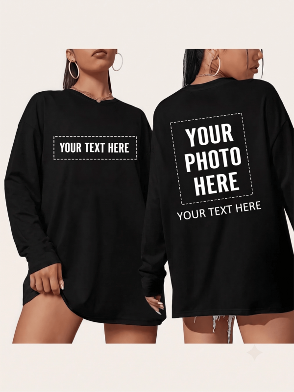 Camiseta de manga larga personalizada para mujer, se puede imprimir nombre/texto/número de la suerte/imagen en la parte delantera y trasera. Ajuste holgado en color negro, ideal para regalos de vacaciones, uso en otoño e invierno, cómoda y única, un tesoro personalizado y una opción exquisita para regalar a amigos y familiares.