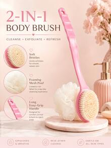 1pc Pink Long Handle Bath Brush, Double-Sided Bristles For Back Exfoliation And Shower Cleansing, Multi-Functional Loofah Brush, Home Bathroom Decor - Multicolor - View 17