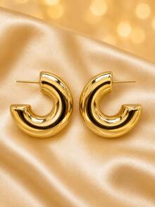 1pc Thick Glossy C-Shaped Chunky Hoop Stud Earrings For Women, Minimalist Elegant Versatile Metal Ear Jewelry For Daily Office Commute - Earrings - View 2