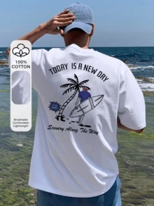Herren Lässig Sommer T-Shirt, Muster mit Strand- und Surfmotive, Urlaubsmotiv T-Shirt, Herren Sommerbekleidung - Weiss - Übersicht 5