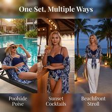 Nuevo conjunto de traje de baño de 3 piezas de estilo vacacional para mujer, con chaqueta de malla de cintura alta con estampado de hoja de arce, bikini triangular y prendas de vestir que estilizan la figura - Azul - Ver 10