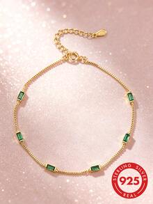 1pc S925 Sterling Silver Minimalist Ins Cold Style Elegant Green Geometric Square Diamond Bracelet, Fashionable Luxury Niche Exquisite Personalized High-End Square Green Diamond Box Chain, Versatile Jewelry Holiday Gift - Square - View 15