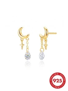 S925 Sterling Silver Moon Star Teardrop Zirconia Drop Earrings, 18K Gold Plated Tassel Jewelry With Gift Box For Women - Gold - View 1