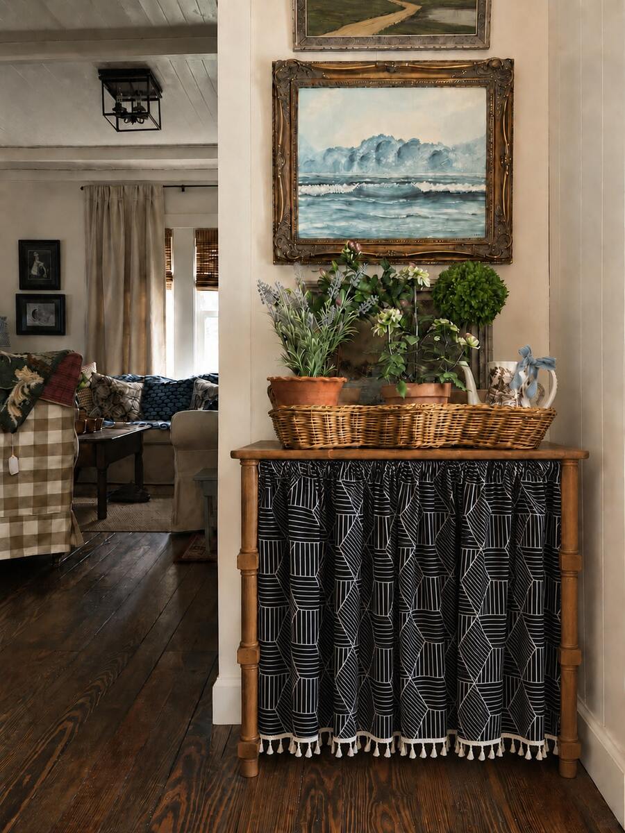 1 Piece White Line Diamond Geometric Cabinet Curtain, Black Background 100% Polyester Fabric With White Tassel Trim, Ruffled Rod Pocket Sink Skirt, Dustproof Privacy Cover For Open Shelves, Farmhouse Home Decor(Rod Not Included) - Black Diamond Pattern - View 1