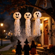 3 Buah Lampion Kertas Hantu Ubur-ubur Halloween, Ornamen Gantung Wajah Menyeramkan dan Tentakel untuk Dekorasi Pesta di Halaman dan Teras - Putih - View 1