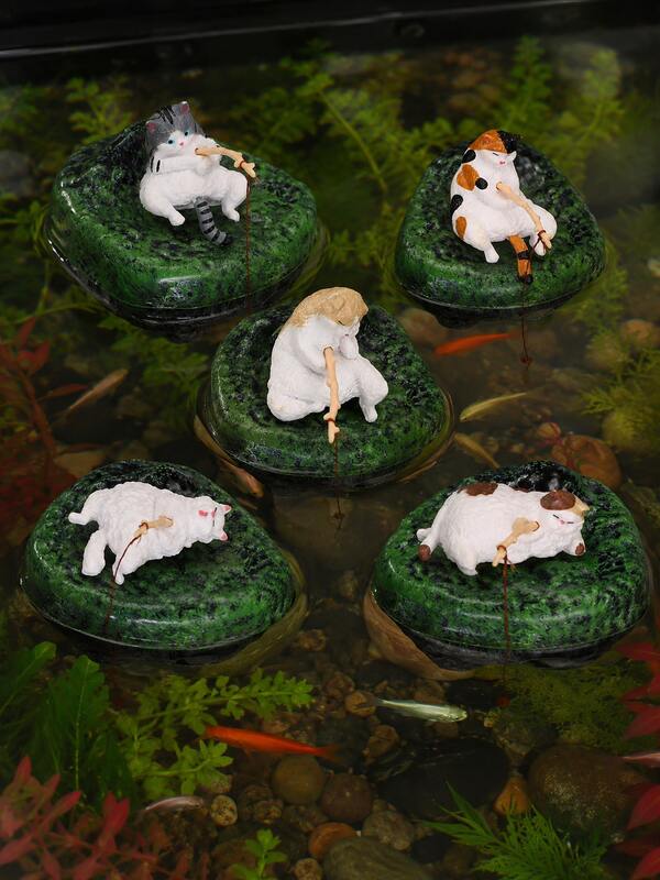 2pcs/Set - 5 Styles Creative Cat Floating Fish Tank Decor Ornaments, Green Faux Stone Floating Base Mini Aquascape Accessories, Water Plant Tank Turtle Tank Aquarium Atmosphere Decoration, Home Desktop Small Fish Tank Accent, Healing Cute Hanging Design
