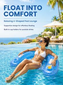 1pc U-Shaped Inflatable Pool Float Lounge Chair With Cup Holder And Handles, Glitter PVC Water Hammock Raft, Suitable For Summer Pool Party And Beach Vacation - B - View 5