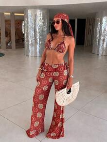 女款優雅春夏掛脖度假印花高彈力面料性感休閒海灘泳池比基尼套裝 - 彩色 - 查看 1