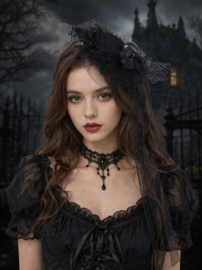 1pc Black Hair Accessory Hat Clip, Gothic Lace Veil Pillbox Hat, Cocktail Party Headpiece, Tea Party Wedding Women's Accessory