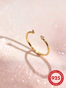 1pc S925 Sterling Silver Minimalist Plain Band Open Ring With Rhinestones, Korean Ins Cold Style, Fashionable Unique Niche Design, Adjustable Line Joint Ring, Sweet Fresh Versatile Elegant, Stackable Delicate Small Index Finger Ring, Pinky Ring - Diamond - View 8