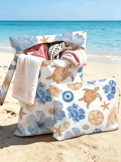 New Turtle Shell Flower Pattern Wet/Dry Separation Bag | Blue Beach Theme Toiletry Bag | Makeup Bag | Reusable Wet Storage Bag | Luggage Organizer Bag | Women's Handbag | Outdoor Leisure Storage Bag | Durable Zipper Design | Suitable For Storing Swimwear, Travel Supplies, Beach And Pool Gear, Dirty Clothes | Dorm And College Student Essential | Home Life Essential | Perfect Gift For Friends, Family And Loved Ones | Travel Essential
