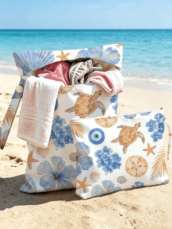 New Turtle Shell Flower Pattern Wet/Dry Separation Bag | Blue Beach Theme Toiletry Bag | Makeup Bag | Reusable Wet Storage Bag | Luggage Organizer Bag | Women's Handbag | Outdoor Leisure Storage Bag | Durable Zipper Design | Suitable For Storing Swimwear, Travel Supplies, Beach And Pool Gear, Dirty Clothes | Dorm And College Student Essential | Home Life Essential | Perfect Gift For Friends, Family And Loved Ones | Travel Essential