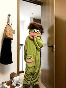 1pc Cute Funny Cartoon Big Mouth Monster Thick Coral Fleece Bathrobe, Couple Bathrobe, Cartoon Bathrobe, Suitable For Cosplay, Unisex Bathrobe - Multicolor - View 6