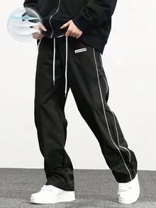 1pc Men's Casual Sports Pants, Loose Straight Leg Cut With Good Drape. Suitable For Indoor And Outdoor Activities, Also Can Be Gifted To Couples. Made Of 100% Polyester. With Drawstring Waistband For Adjustable Fit, Available In Multiple Colors. - Black - View 1