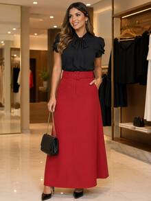 Women's Long Tailored Skirt, Side Pocket And Front Zipper, Includes Belt, Modest Fashion - 紅陶 - 查看 4