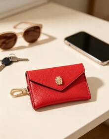 Michael Kors MK Leather Key Ring Wallet, Unisex, Ultra-Thin Coin Purse, Classic Flap Card Holder, Red - Red - View 2