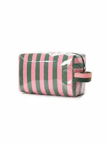Striped Travel Makeup Bag Set, Fashionable Double Layer Design Cosmetic Organizer, Large Capacity Essentials And Daily Travel Storage Bag - Multicolor - View 9