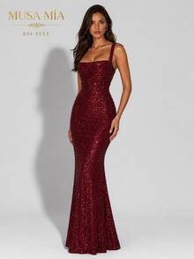 Burgundy Sparkly Sequin Evening Maxi Dress - 酒紅色 - 查看 15