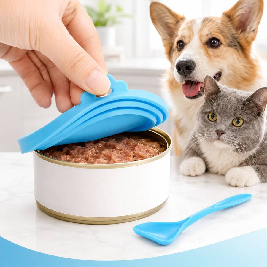 Couvercle de boîte de nourriture pour animaux de compagnie, ensemble de cuillères optionnel, couvercle en silicone pour boîtes de nourriture humide pour chats et chiens, convient aux boîtes de nourriture pour animaux de compagnie courantes, fournitures de nourrissage et de stockage quotidiens. - 500ml - Voir 1