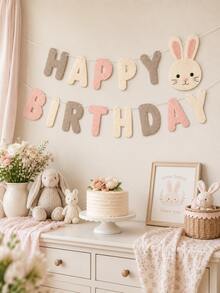 1pc Felt Happy Birthday Banner, Rabbit Letter Garland, Pink & Beige Birthday Bunting, Suitable For Girls 1st Birthday, Baby Shower, Easter Party, Nursery Decor, Dessert Table Backdrop - E - View 5