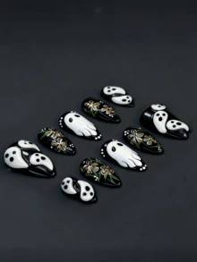 10片裝 3D 浮雕鍍金花朵與幽靈萬聖節假指甲，杏仁形 Y2K 美甲用品 - 黑與白 - 查看 3