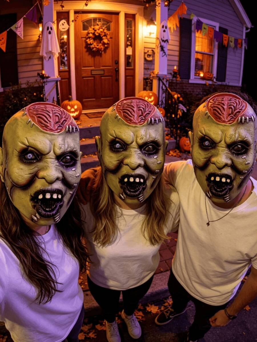 1件萬聖節爆炸腦僵屍面具,骷髏僵屍恐怖鬼臉乳膠頭套 - B - 查看 1