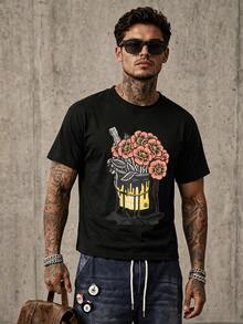Flower Paint Bucket Print Herren T Shirt Streetwear Baumwolle Loose Fit Kurzarm Freizeit Sport Casual Sommer Schulstart - Schwarz - Übersicht 1