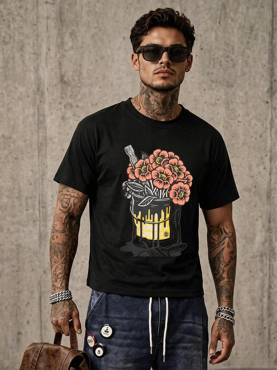 Flower Paint Bucket Print Herren T Shirt Streetwear Baumwolle Loose Fit Kurzarm Freizeit Sport Casual Sommer Schulstart - Schwarz - Übersicht 1