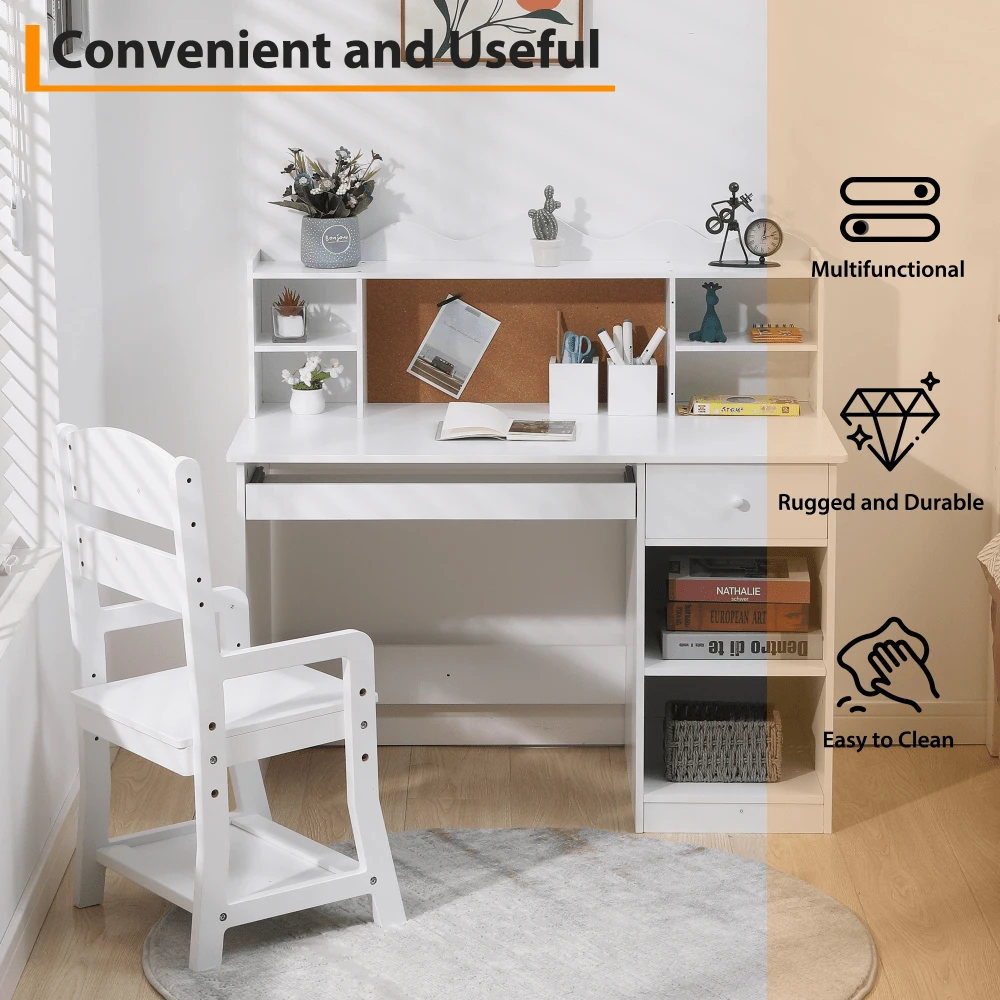 Escritorio Infantil de Estudio con Silla Ajustable – Blanco, con Estante, Panel Corcho y Bandeja – Mesa Escolar para Tareas y Aprendizaje (Niños 3–12 Años) - Blanco - Ver 1