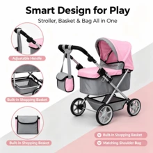 Adjustable Height Baby Stroller In Grey/Pink For Dolls, Suitable Reborn Baby Dolls Height 20 Inches And Below, Baby Doll Pram With A Built-In Shopping Basket, With Shoulder Bag, Gift For Kids 3+ - Multicolor - View 4