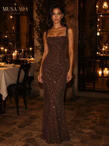 Chocolate Brown Sparkly Sequin Maxi Dress - 巧克力棕 - 查看 3