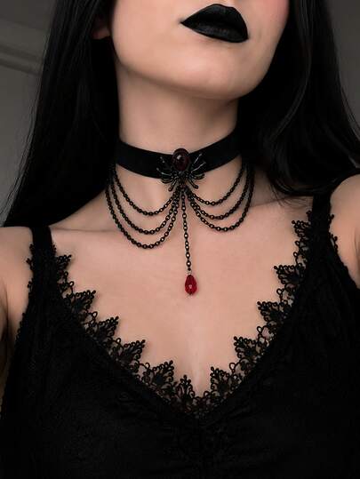 1 pieza Collar gargantilla de terciopelo con araña gótica oscura, cadena negra multicapa con colgante de gota de agua roja, accesorio de cuello vintage punk con atmósfera de Halloween