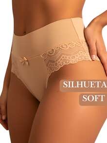 Elegant High-Waisted Panties With Delicate Floral Lace | Comfortable For Everyday Wear, Solid Color, Elastic - Beis - Ver 1