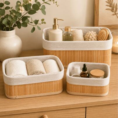 Kit 3 Cestos Organizadores de Bambu com Forro Tecido Decorativo Tamanho P, M e G Branco e Marrom Dark