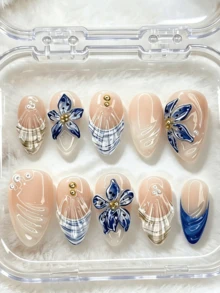 10片裝 3D浮雕藍色漸層花卉貝殼紋路藍白條紋穿戴甲，Y2K風格杏仁形假指甲，夏季美甲用品 - 淺藍色 - 查看 7