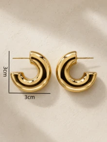 1pc Thick Glossy C-Shaped Chunky Hoop Stud Earrings For Women, Minimalist Elegant Versatile Metal Ear Jewelry For Daily Office Commute - Earrings - View 5
