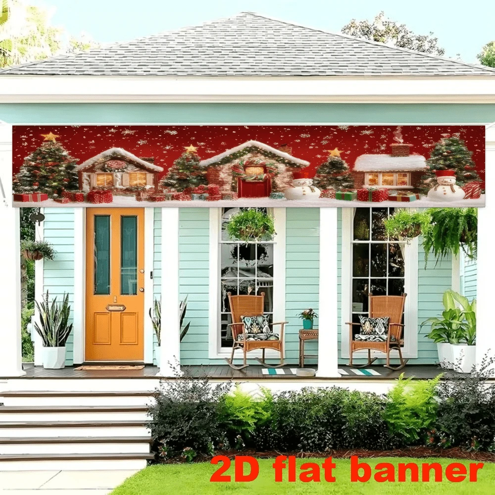 2D Plane, Christmas Fence Background, Snow Covering The Cottage, Colorful Lights, Christmas Tree And Snowman Elements, Combined With Red Snowfall Night Sky And Gift Box Decorations, No Power Supply Required