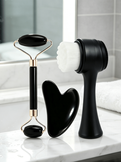 3-Piece Resin Facial Care Set: Dual Roller Massager + Heart-Shaped Gua Sha Board + Double-Sided Cleansing Brush, Home Cleansing Lifting Firming Skincare Beauty Set