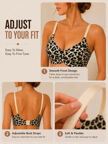 Leopard Print Women's Wireless Bra, Soft Full Coverage Non-Wired Comfortable Lingerie, Adjustable Straps, Daily Home Sleep Bra - Multicolor - View 6