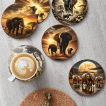 1 Set African Savanna Elephant Design Non-Slip Wooden Coasters, Home Kitchen Decor Accessories, Cute And Affordable Small Items, Outdoor Garden Supplies, Suitable For Various Holiday Gatherings, Wedding Accessories, Thanksgiving, Back To School Season Decorative Gifts - Multicolor C - View 4