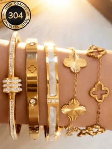ZCNC Znice 2026 New Fashion Stainless Steel 18K Gold Plated Flower Bracelet Set, Curved Full Rhinestone Design Suitable For Women's Daily Wear, Layering, Single Wear, Summer Jewelry, Waterproof Beach Vacation Accessory - Gold - View 3