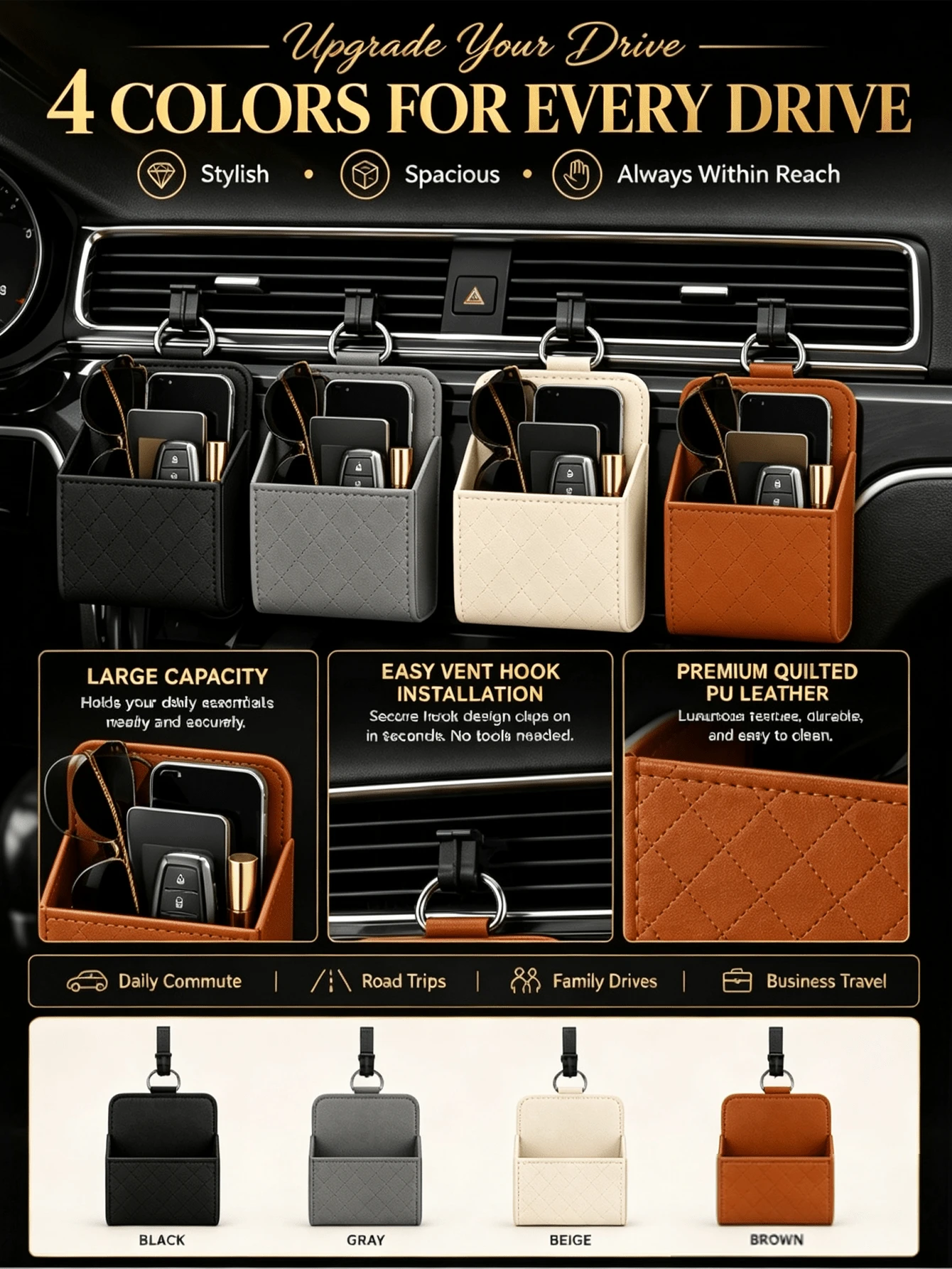 Car Air Vent Storage Box PU Leather Hanging Storage Bag Phone Glasses Keys Coins Cards Storage Bag Universal Car Interior Accessories For Sedans SUVs Trucks