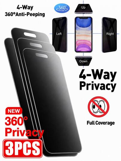 CASECOPS 3 Packs Privacy Screen Protector, Full Coverage Anti-Scratch Anti-Peeping Tempered Glass Film, 9H Hardness, 360-Degree All-Round Privacy, Support Face ID, Compatible With Iphone 17 Pro Max/17 Pro/17 E/17 Air/17/16 Pro Max/16 Pro/16 Plus/16 E/16/15/14/13/12/11/Xr/X Compatible Phone Case