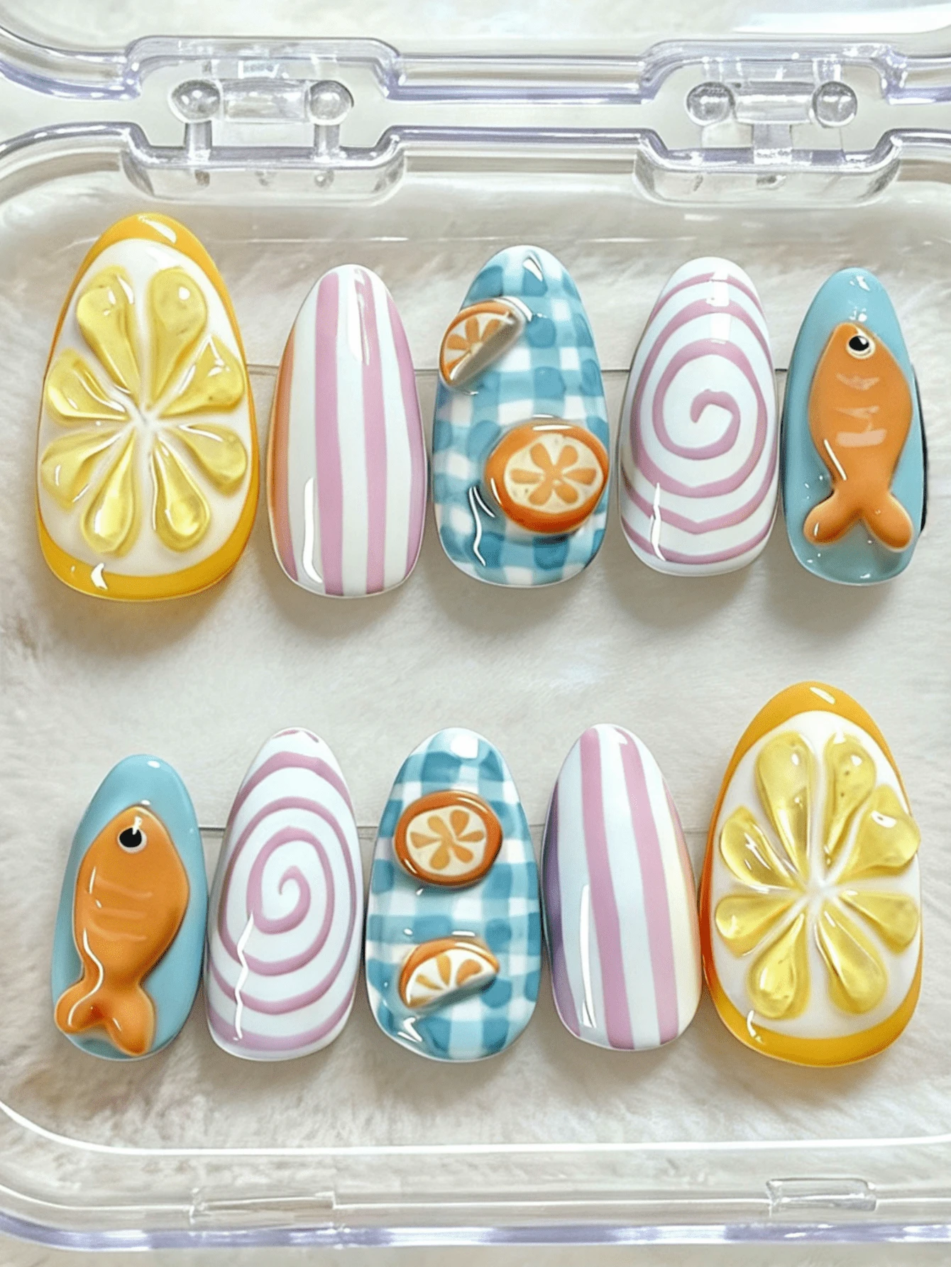 10pcs 3D Fish & Lemon Pattern Press-On Nails, Y2K Style Almond Shape Summer Nail Art Stickers - Baby Blue - View 1