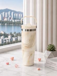 1個 30oz/900ml 垂直條紋蝴蝶結印花保溫隨行杯，馬卡龍四色少女風 304不鏽鋼冰飲杯，可折疊手把，翻蓋吸管防漏杯蓋，真空長效保溫保冷杯，可重複使用大容量水壺，適合學校、通勤、車內、戶外健身、旅行，秋季水壺，旅行必備，聖誕禮物，大學必備，送給女性的禮物 - 彩色 - 查看 2