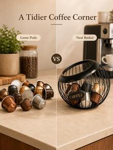 Coffee Capsule Storage Basket - Black Wrought Iron Coffee Capsule Basket; Exquisite Home Decor Item With "COFFEE" Letter Design And Large Capacity; Perfect Countertop Organizer For Home Kitchen And Coffee Station Decoration. - Multicolor - View 10