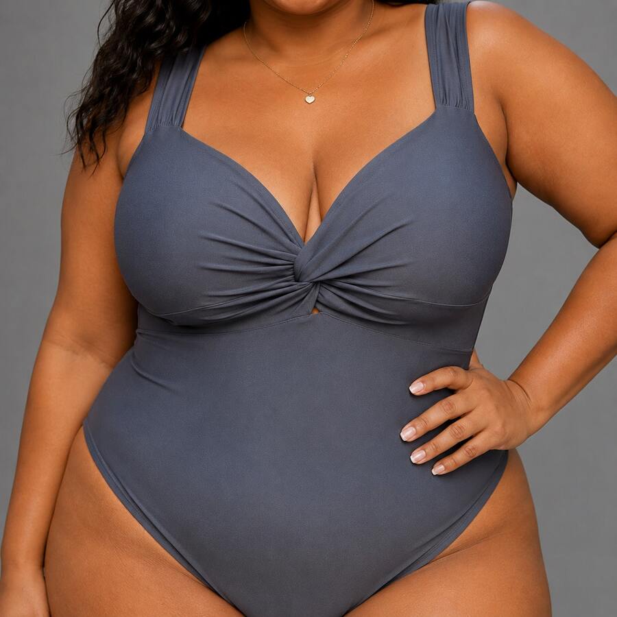 Elegant Women's Sleeveless Plus Size Swimsuit, Regular Length, One-Piece Design With A Twisted Detail At The Front And Slight Stretch For Casual Wear. - 灰色 - 查看 1