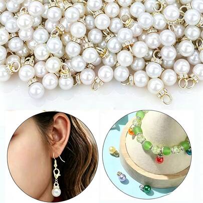 50pcs Artificial Decorative Pearl Pendants, Multi-Size White Rhinestone Pearl Pendants, DIY Handmade Jewelry Making Accessories, Suitable For DIY Earrings, Necklaces, Bracelets, Keychains, Phone Case Decoration, Hats, Bags, Wallet Charms, Perfect For Jewelry Making Pendants