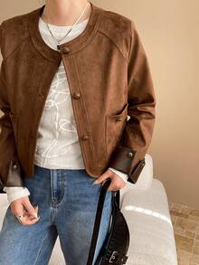 Jaket Motor Wanita Terbaru Musim Gugur Retro Melange Pendek Patchwork Bulu Imitasi Serbaguna - Coklat - View 7